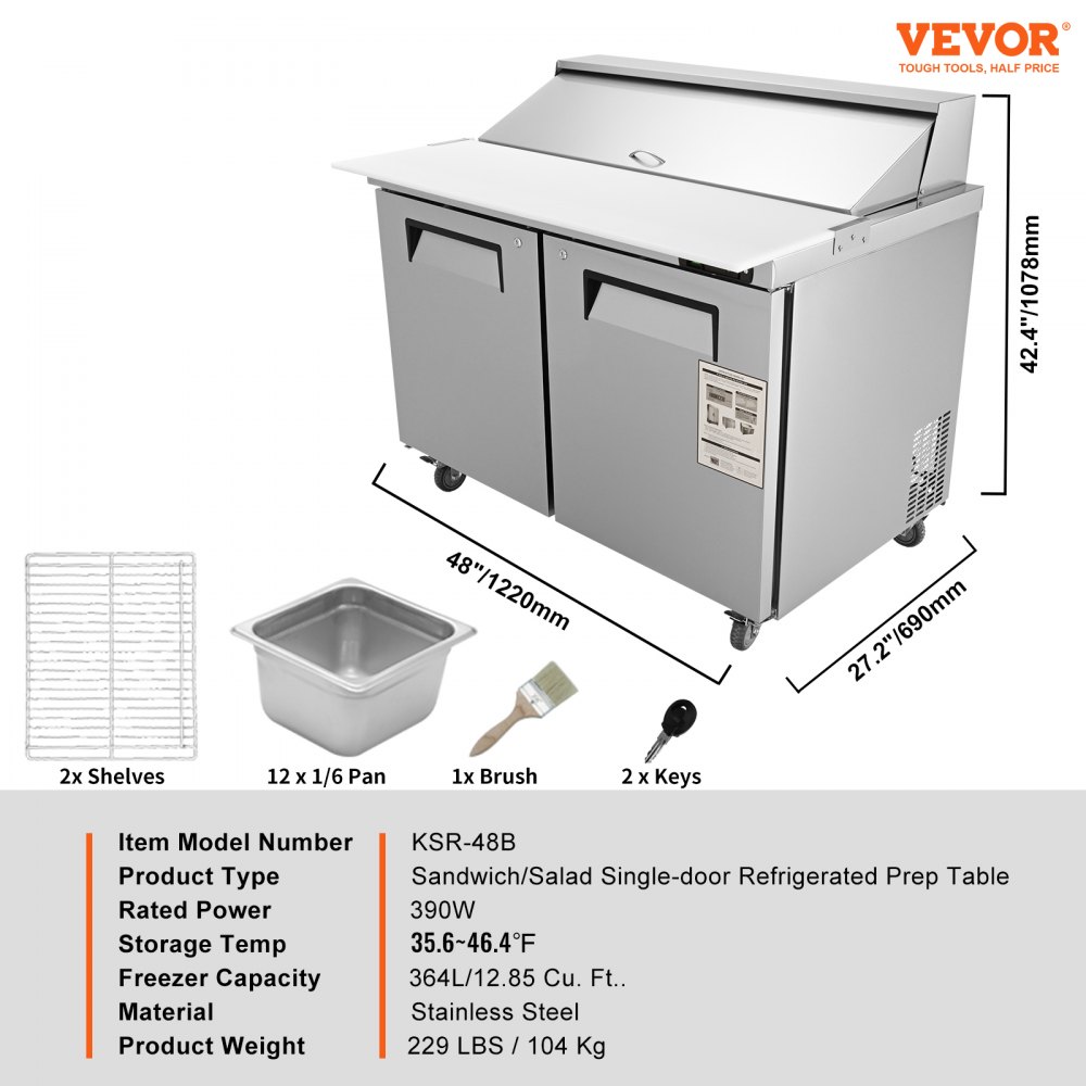 VEVOR Commercial Refrigerator, 48" Sandwich & Salad Prep Table, 12.85