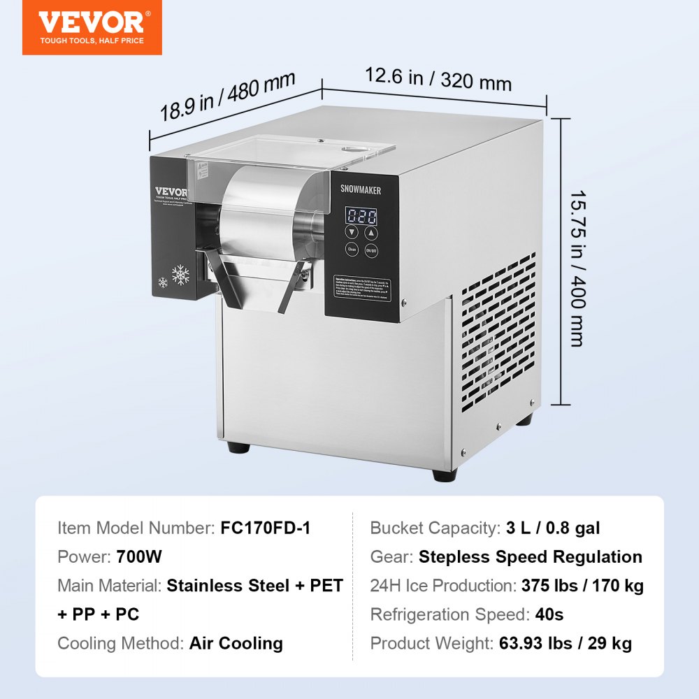 VEVOR Commercial Snow Cone Maker – 375 lbs, 24H Ice Machine