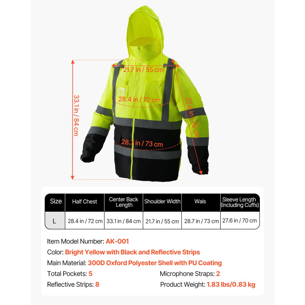 VEVOR Yellow Safety Jacket – Waterproof Hi Vis Class 3 Coat