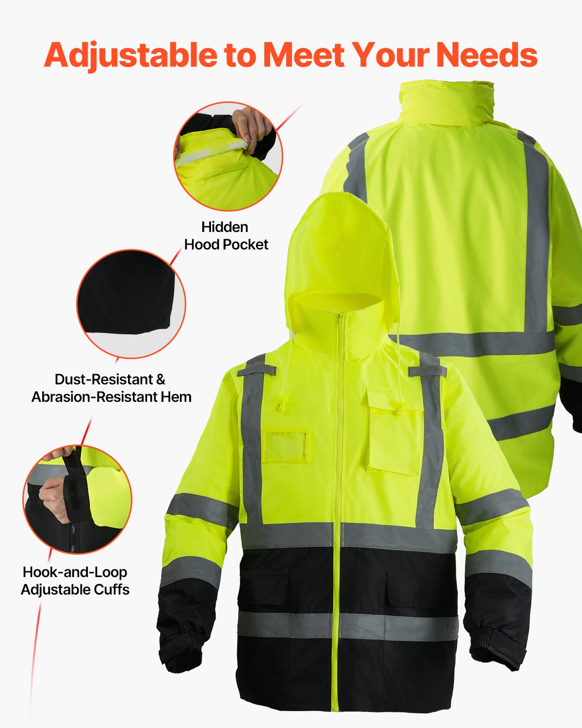 VEVOR Yellow Safety Jacket – Waterproof Hi Vis Class 3 Coat