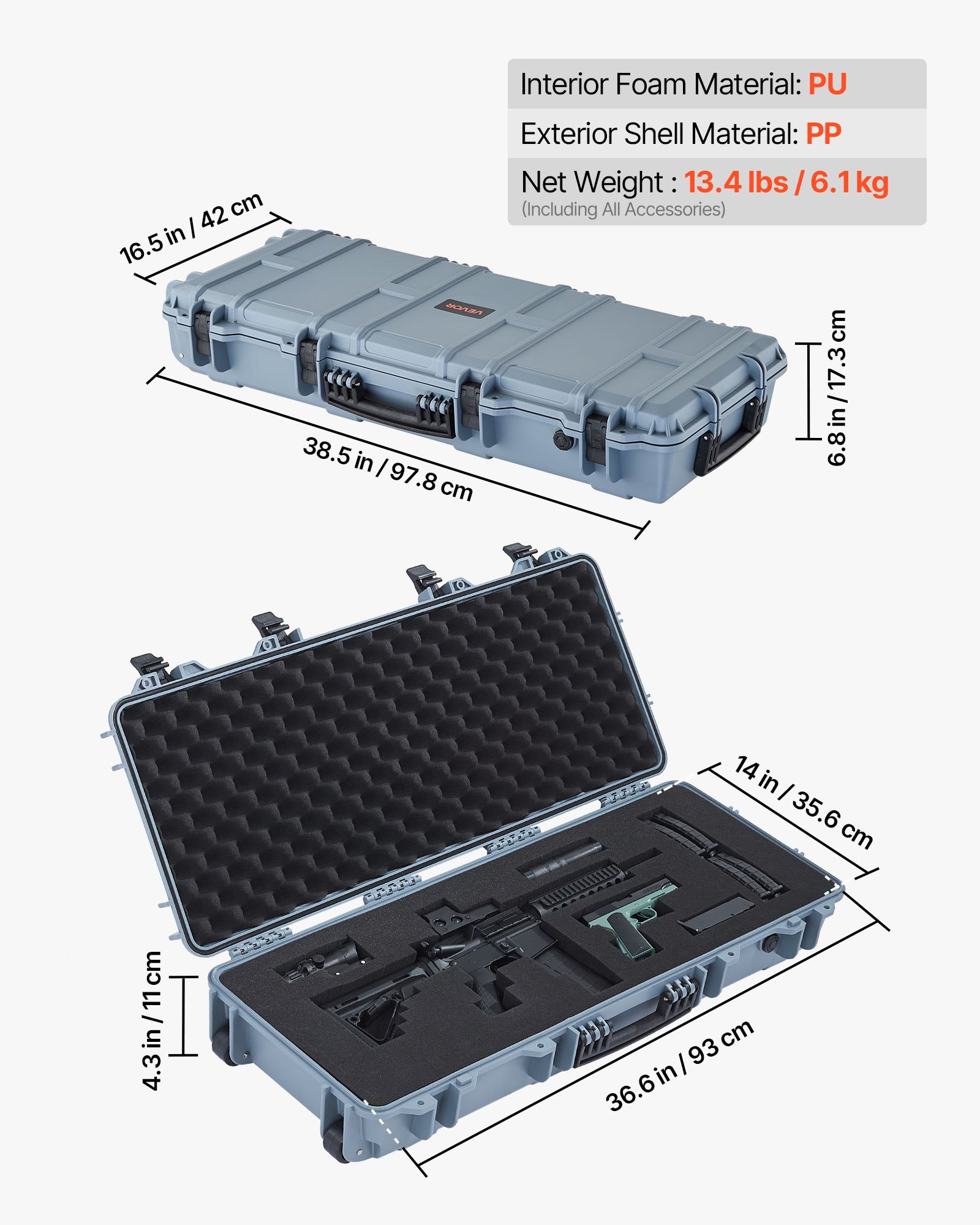 Silver Rifle Case VEVOR Lockable Gun Case for Rifle – 36 in, IP67, Wheels