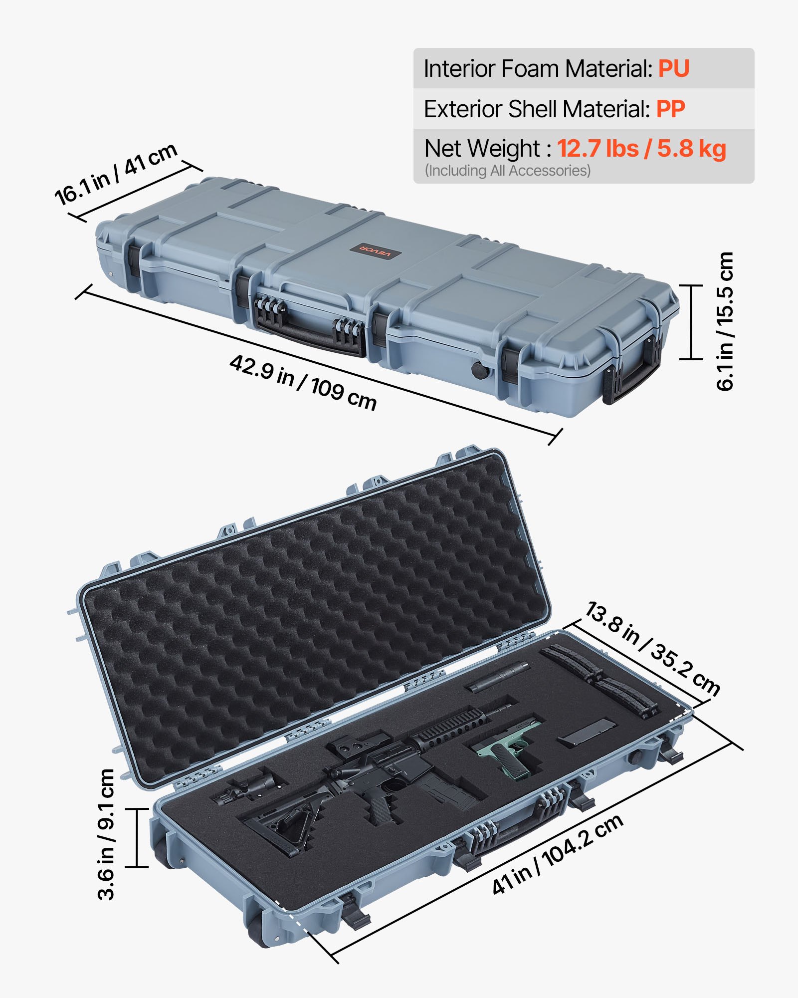 VEVOR Hard Rifle Case, Lockable Rifle Case with Pre-cut Foams, 1066 mm ...
