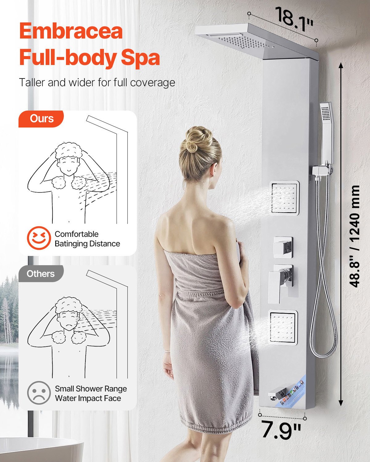 VEVOR Shower Panel Tower System with Rainfall Waterfall Shower Head, 53 ...