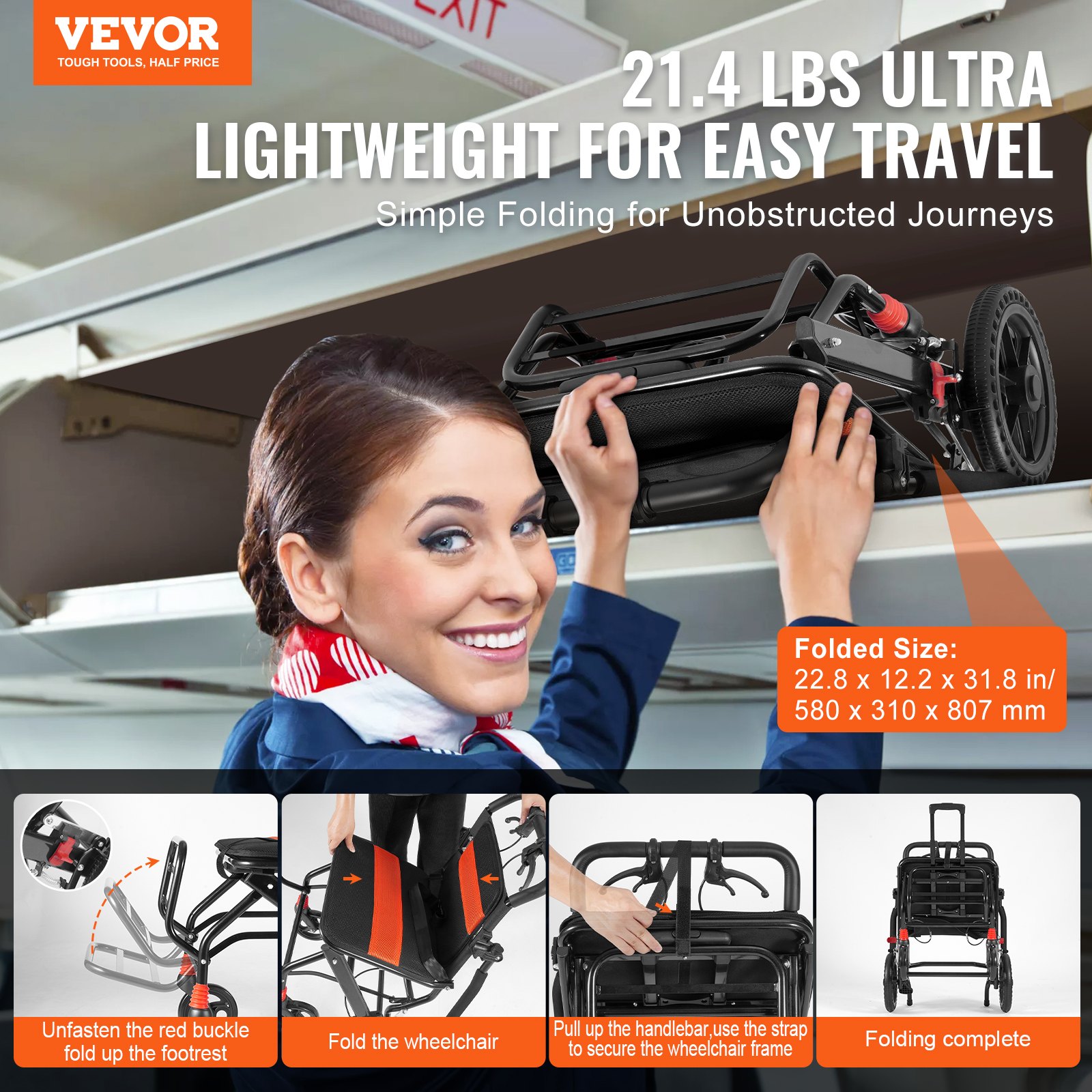 VEVOR Wheelchair Aluminum Alloy Transport Chair Foldable 18In W Seat