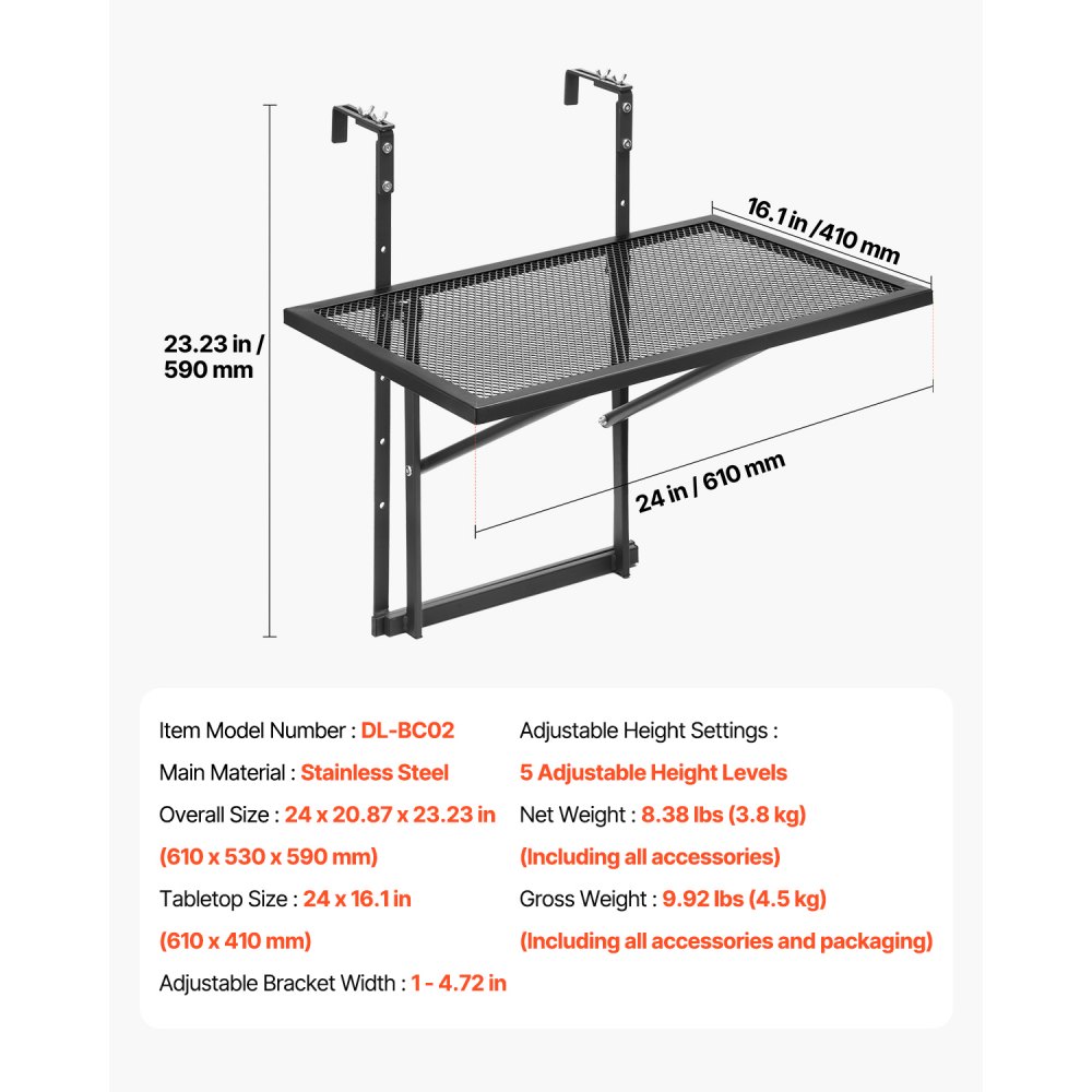 Table Railing Power Balcony Hanging Table 19 x 24 in Outdoor Metal Patio Railing Table ...