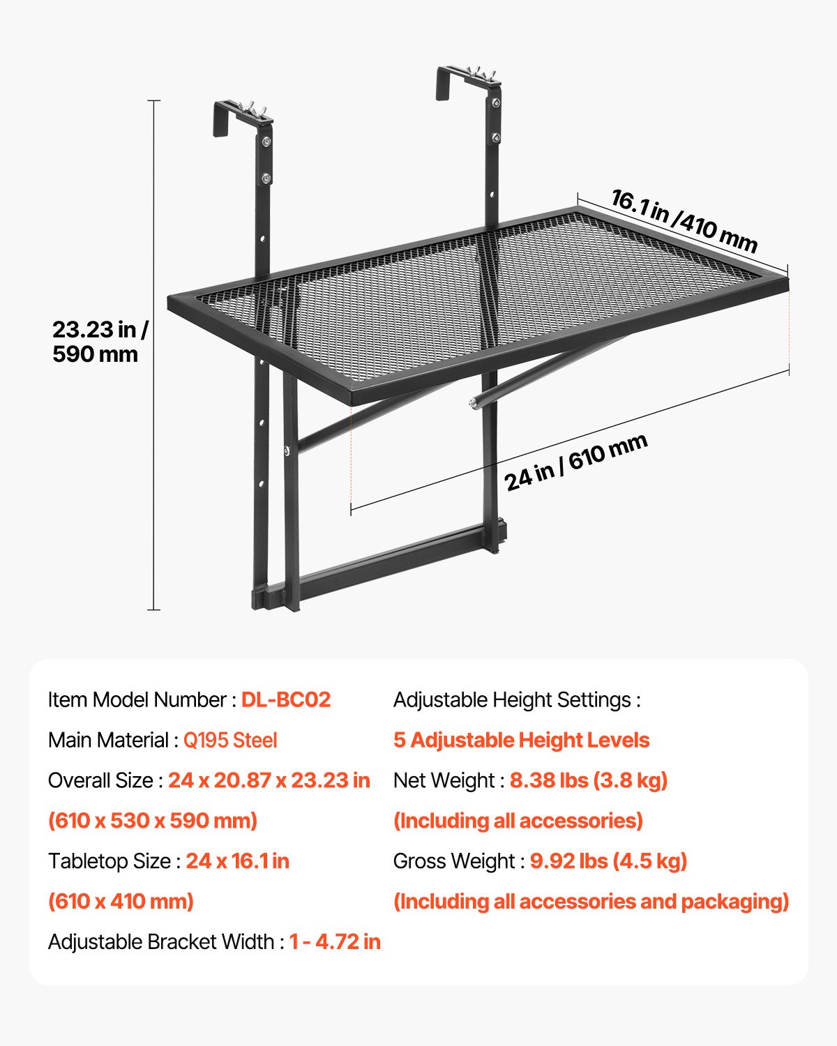 VEVOR Balcony Hanging Table, 19 x 24 in Metal Folding Balcony Railing ...