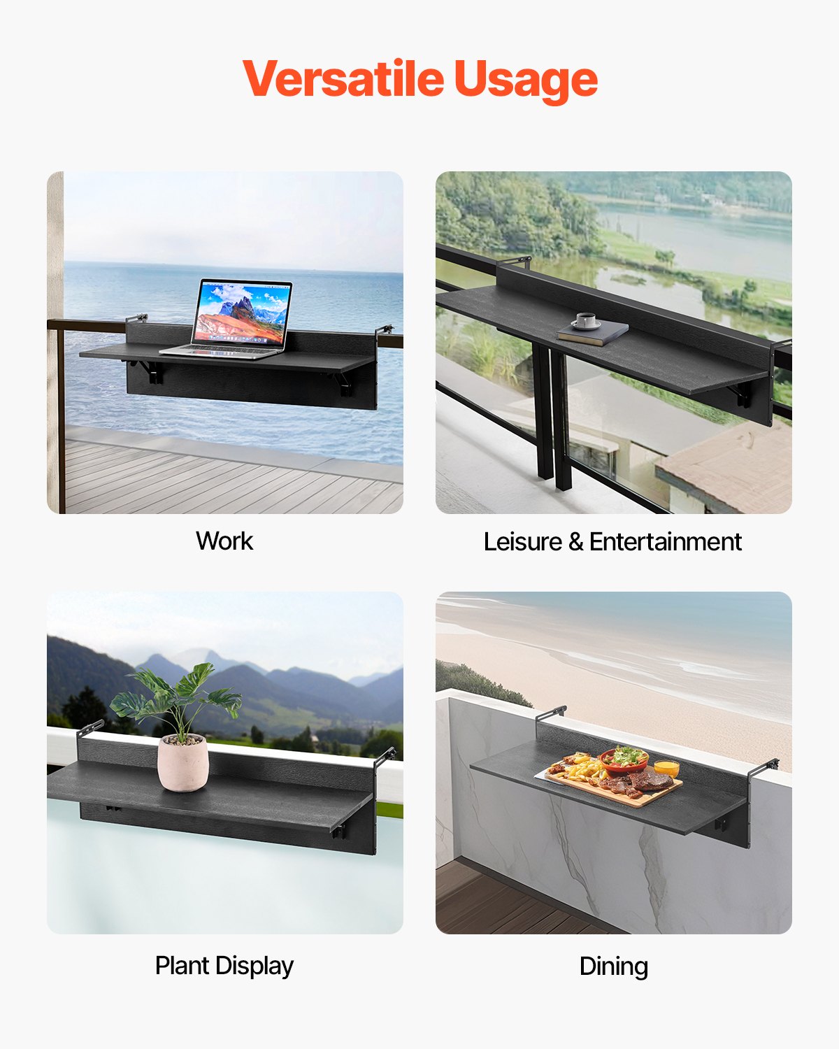 VEVOR Hanging Balcony Table – 12 x 32 Inch, 50 LBS Loading