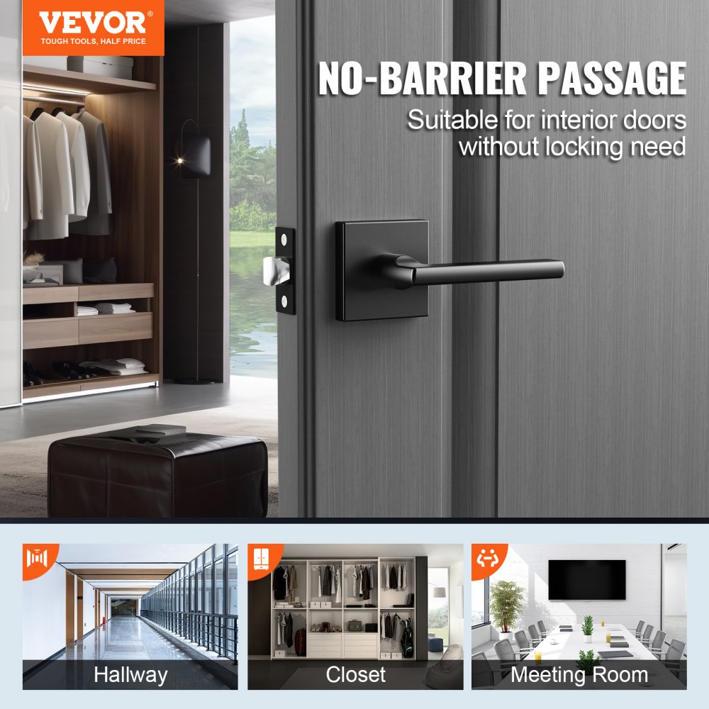 VEVOR Passage Door Handle, 5 Pack Matte Black Door Lever, Left or Right  Handing Reversible Lever Non-Locking, 45° Rotation to Open, Square Interior 