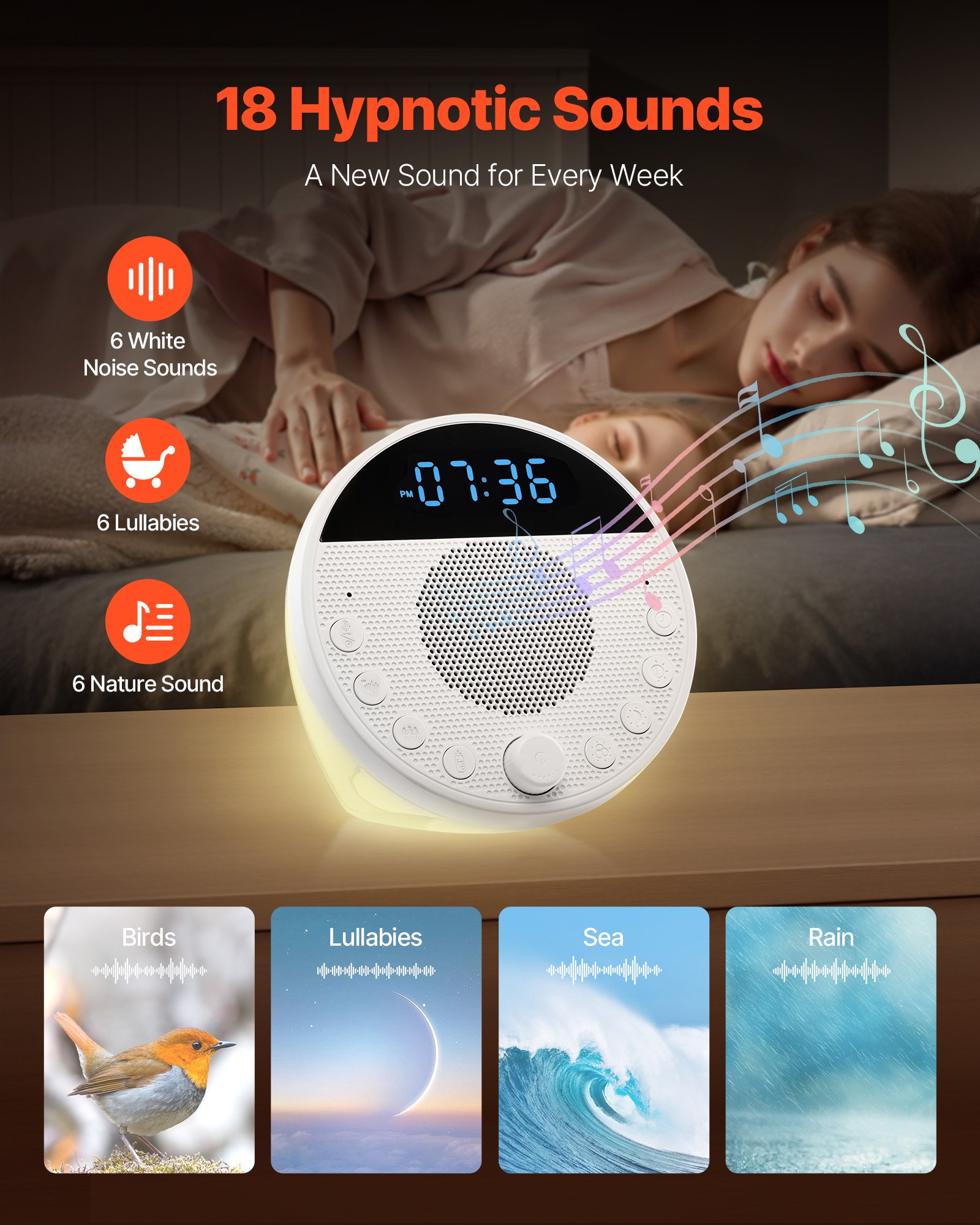 Cry Sound Machine VEVOR Portable Sleep Sound Machine – 6 in 1 White, 1200mAh