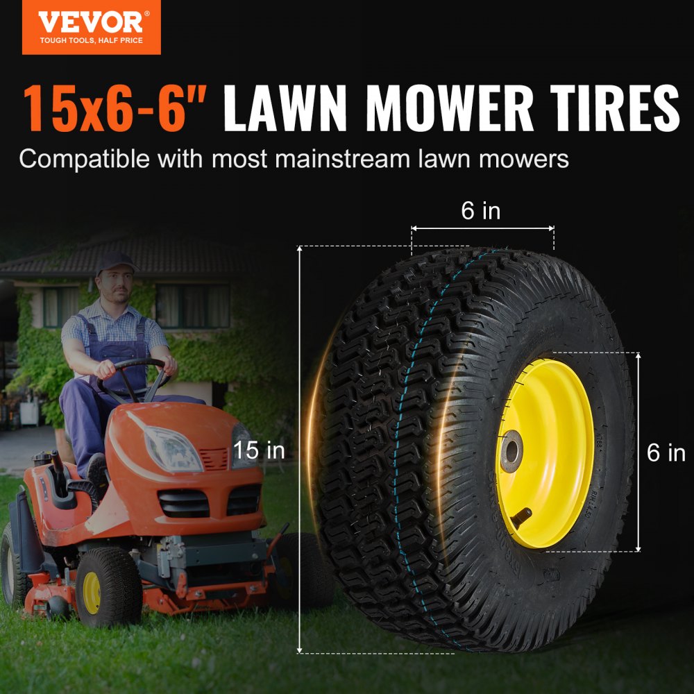 VEVOR Lawn Mower Tires with Rim, 15x66" Tubeless Tractor Tires, 2Pack
