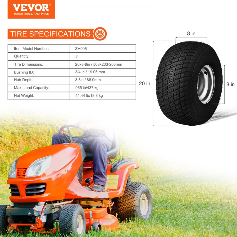 Vevor Lawn Mower Tires With Rim 20x8 8 Tubeless Tractor Tires 2 Pack Tire S Turf Pneumatic