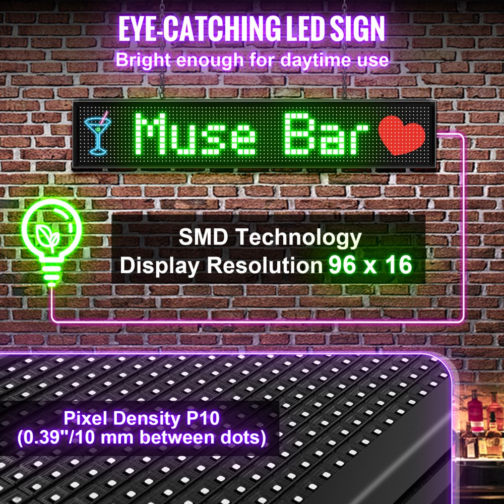 VEVOR Led Sign 40 x 8 inch Led Scrolling Message Display RGB 7-Color ...