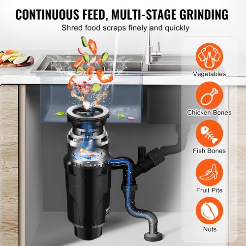Garbage Disposal 1/2 HP Continuous Food Waste Disposer 3450RPM EZ ...
