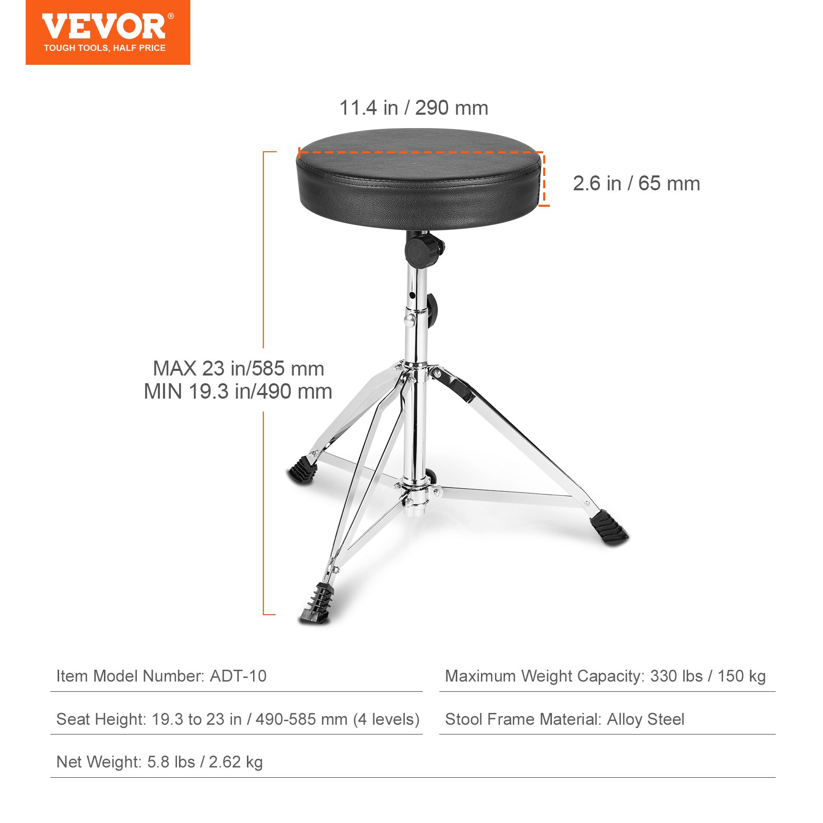 Drumkruk, 490-585 mm in hoogte verstelbaar, gevoerde drumkrukzitting met antislipvoetjes, 5A drumstokken, maximaal draagvermogen van 150 kg, 360° draaibare drumstoel voor drummers | NL
