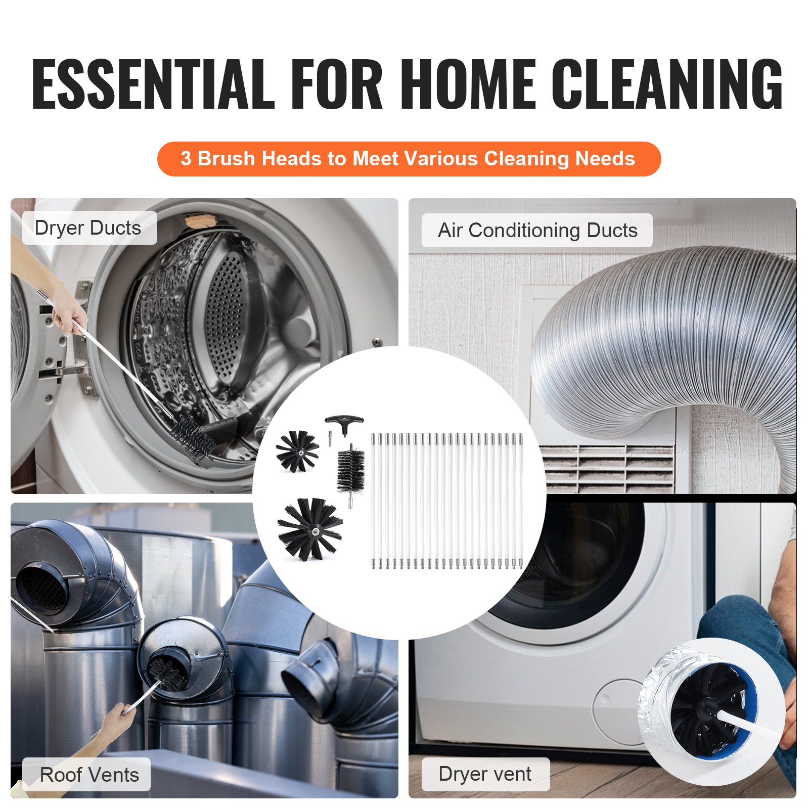VEVOR 22 Pieces 30 FEET Dryer Vent Cleaner Kit, Include 3 Different ...