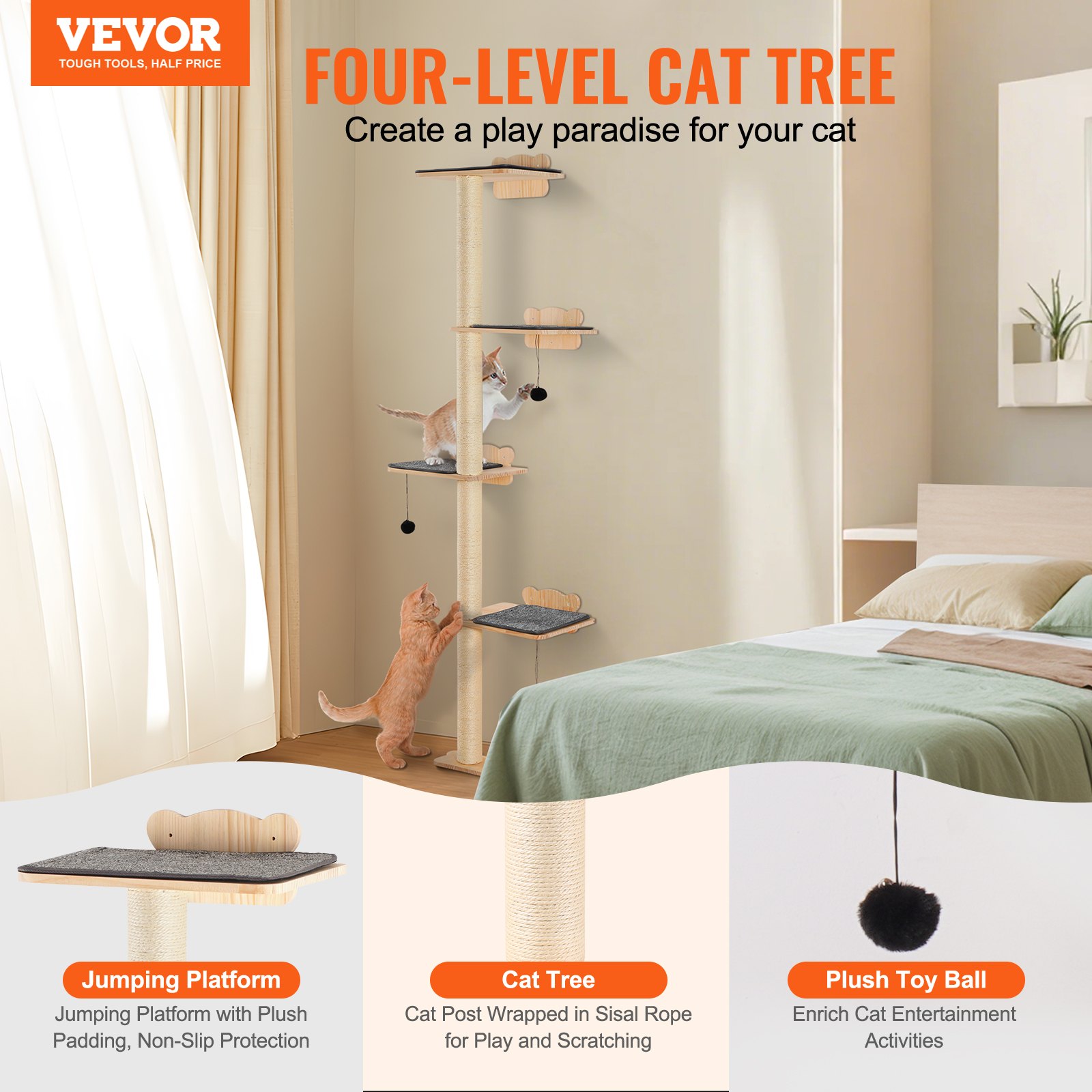 View of VEVOR Wall Mounted Cat Shelves Tree with Platform Tree-Shaped Cat ...