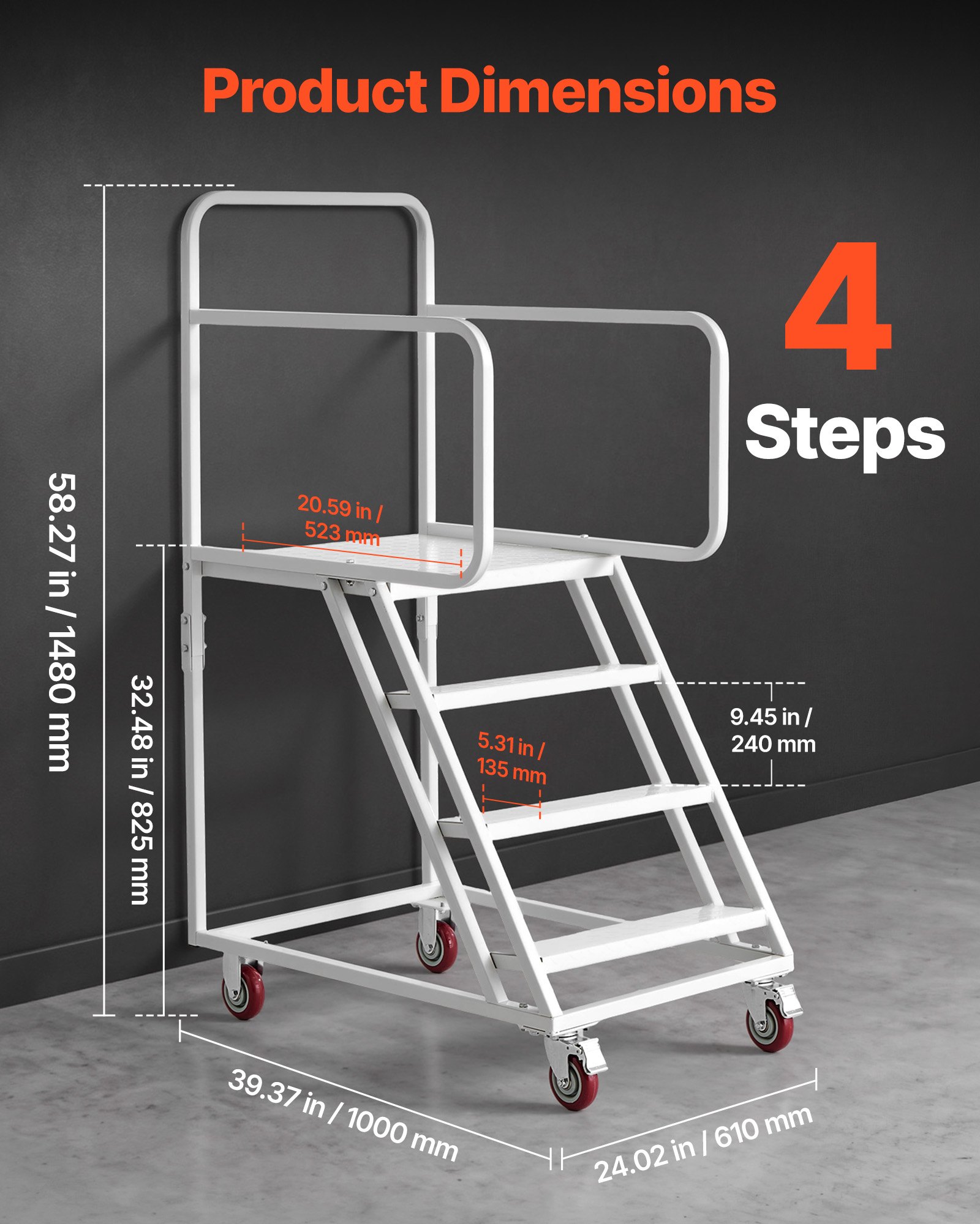 VEVOR 4-Step Rolling Warehouse Ladder, Industrial Alloy Steel Mobile ...