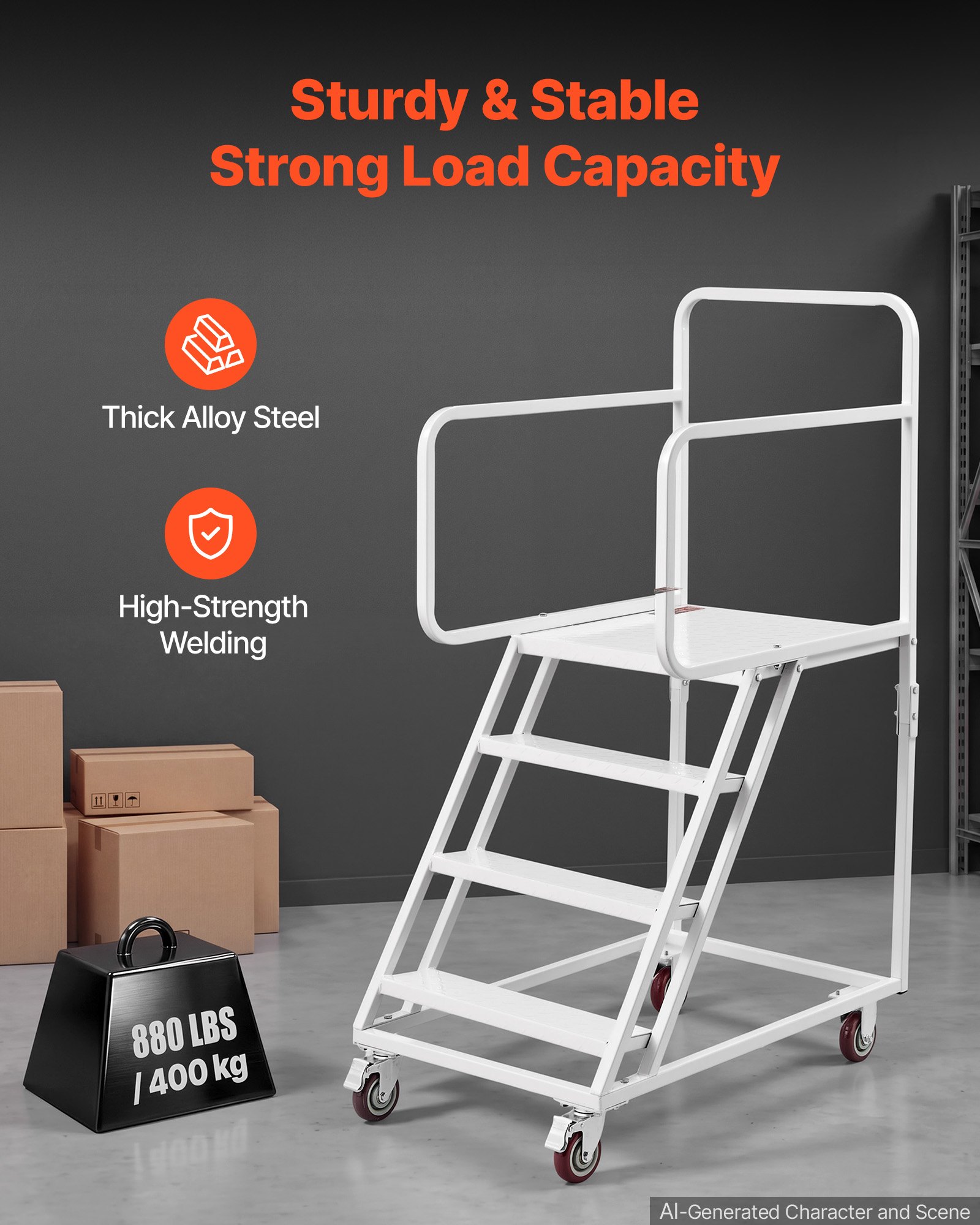 VEVOR 4-Step Rolling Warehouse Ladder, Industrial Alloy Steel Mobile ...