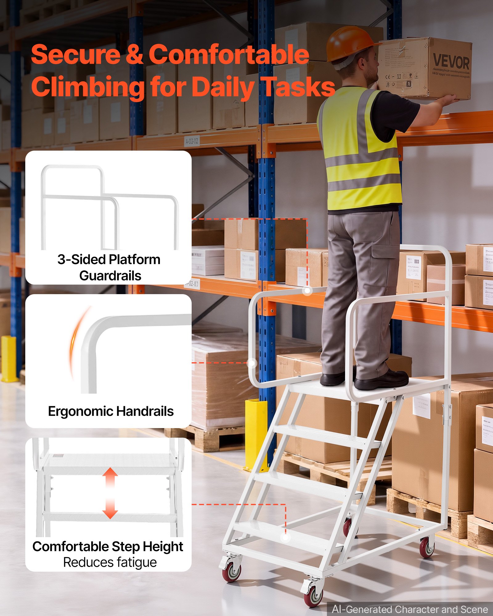 VEVOR 4-Step Rolling Warehouse Ladder, Industrial Alloy Steel Mobile ...