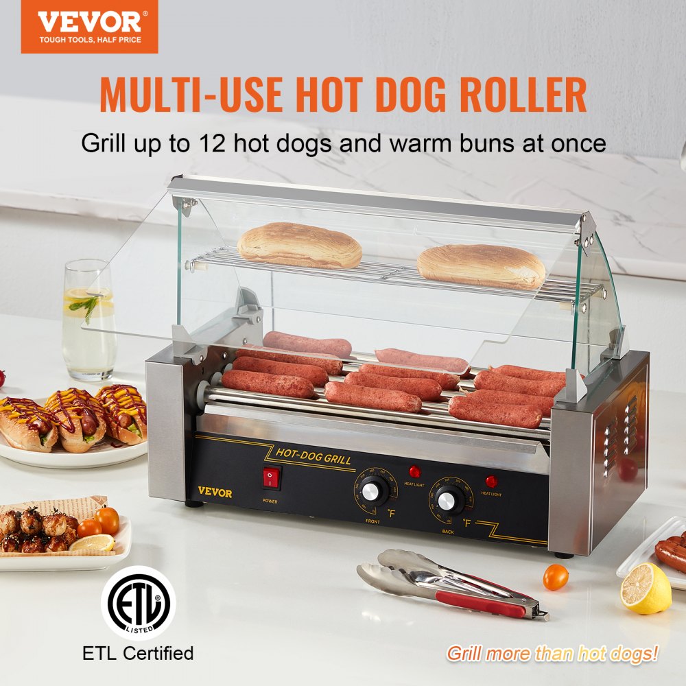 Hot Dog Machine , 18 Hot Dog 7 Rollers, Stainless Steel Sausage Grill Cooker, 1200W With Bun Warmer, Cover, 3 Temp Control, Side Storage Box, Oil Drip Tray Vevor Hot Dog Roller