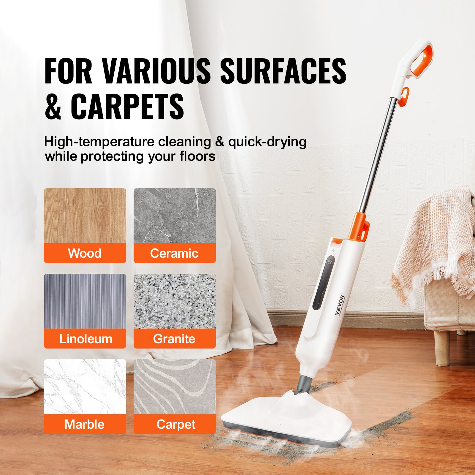 VEVOR Steam Mop, 2in1 Hard Wood Floor Cleaner for Various Hard Floors