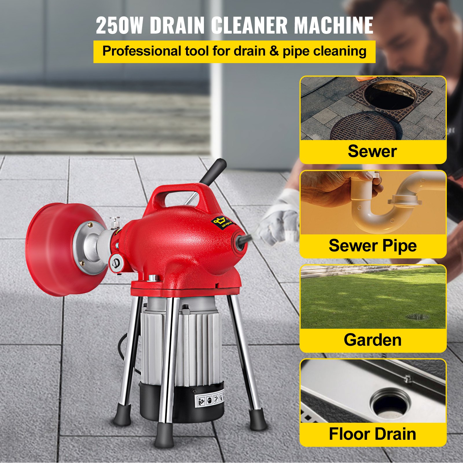 Draining Machine 250W Electric Drain Cleaner Auger Pipe Cleaning Machine w/ Cutter ...