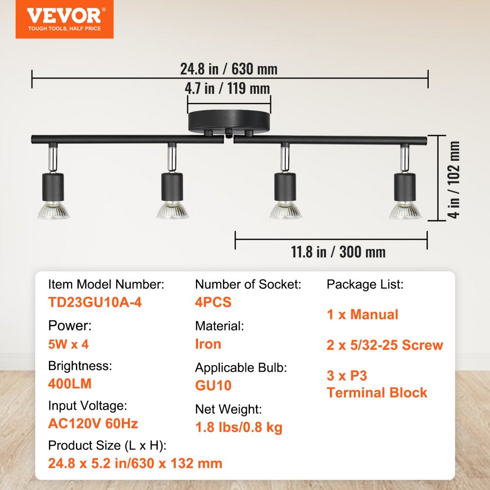 VEVOR 4-Light LED Track Lighting Kit, Ceiling Spot Light with Rotatable ...