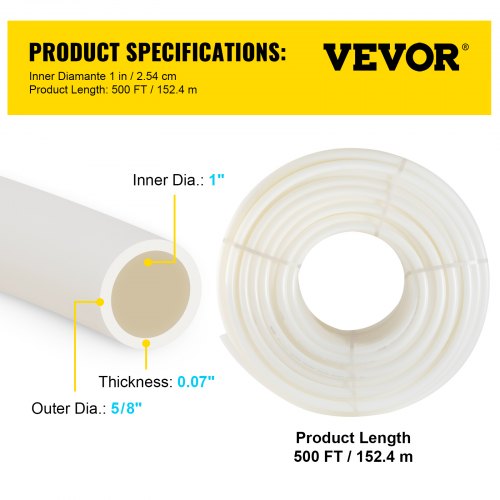 VEVOR PEX Pipe, 1 Inch x 500 FT PEX Tubing, Non Oxygen Barrier White