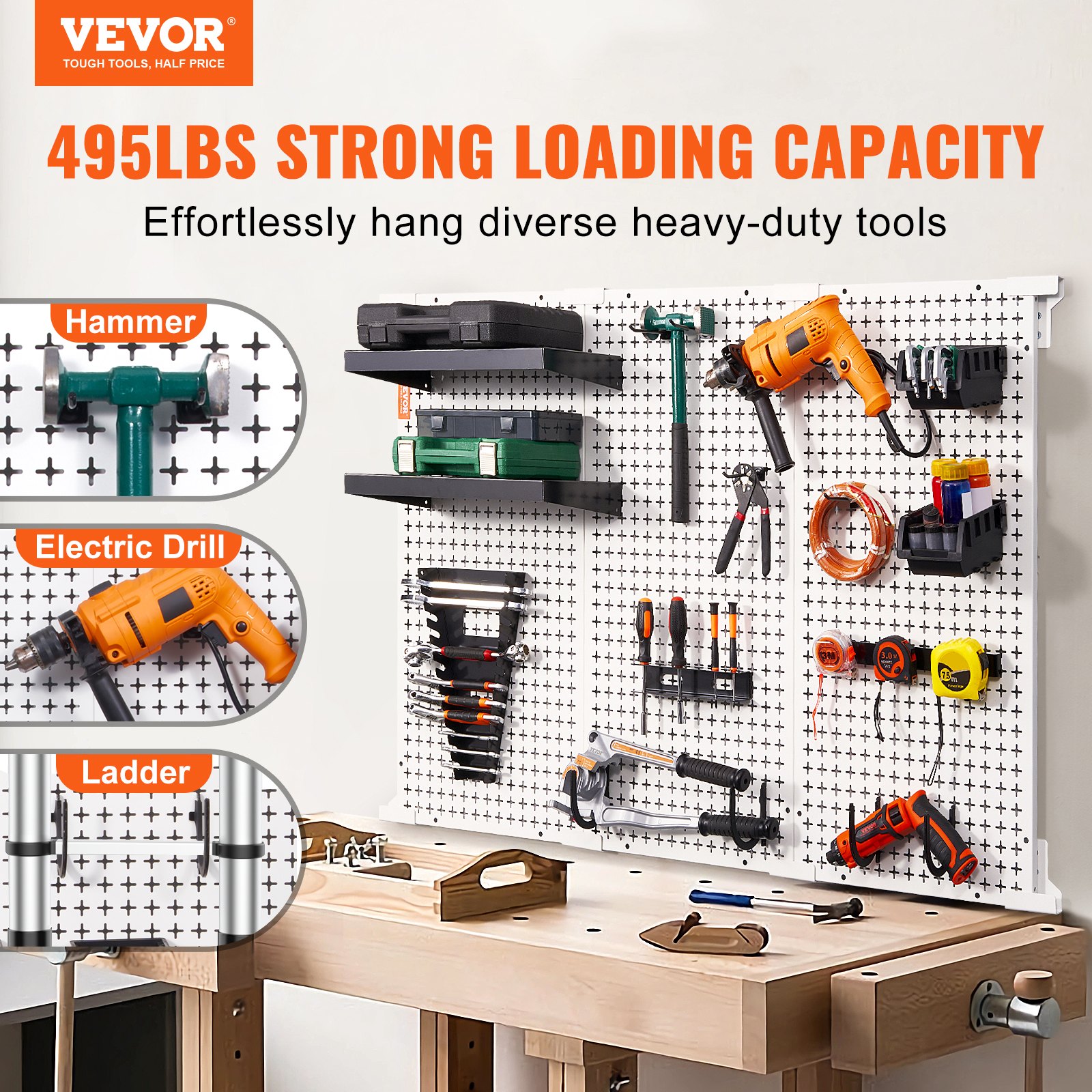 VEVOR Pegboard Wall Organizer 48" x 32", 495LBS Loading Garage Metal