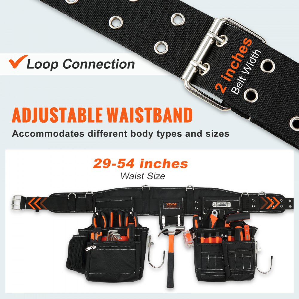 VEVOR Tool Belt With Suspenders – 29 Pockets, Adjustable 29-54 Inch Waist, 600D Polyester, Heavy Duty Carpenter Pouch For Men