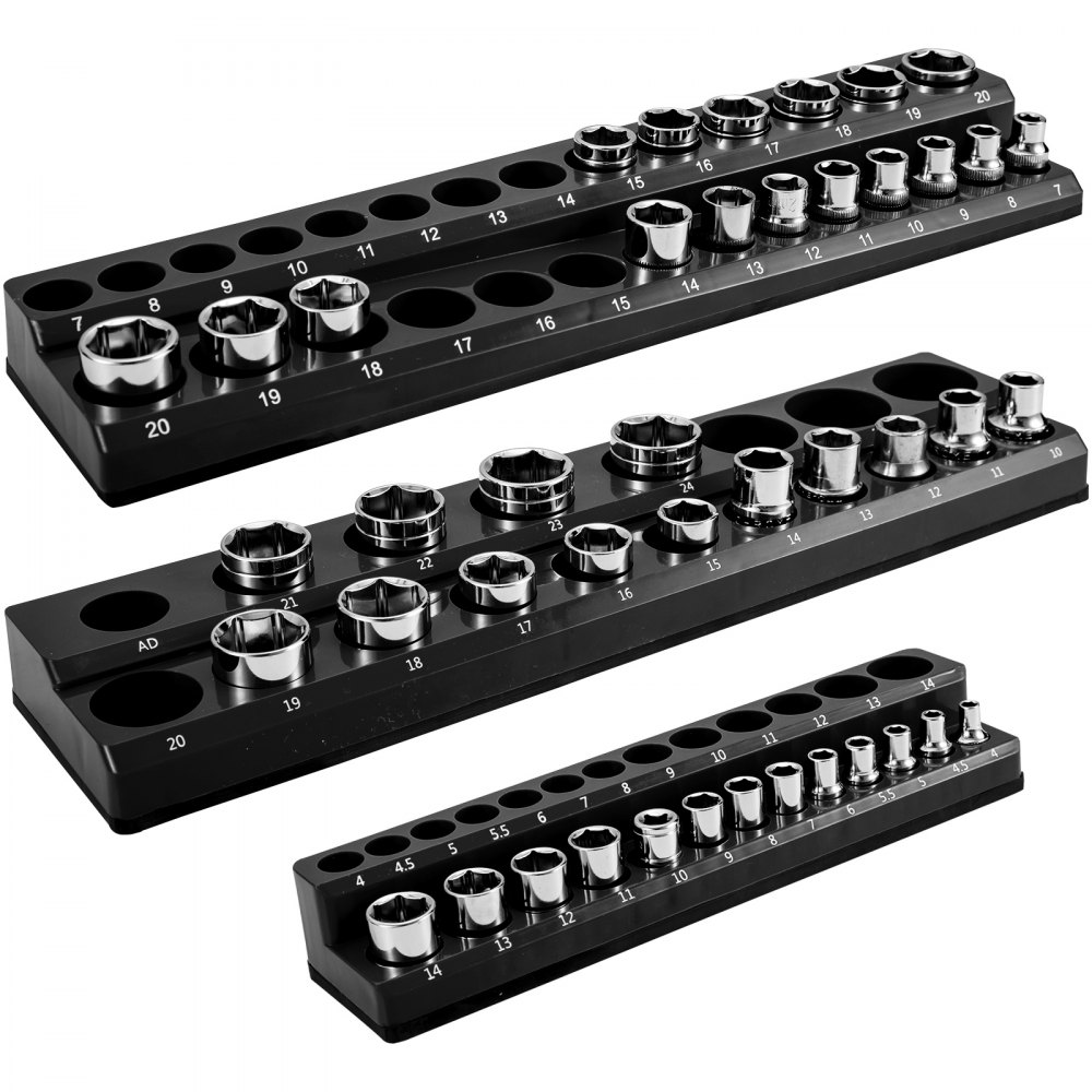 Chrome Socket Racks VEVOR Magnetic Socket Organizer Socket Holder 3 pcs 1/2, 3/8, 1/4-in ...