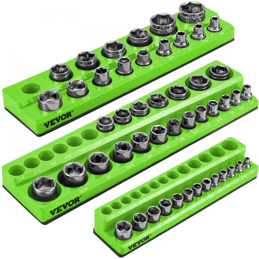 VEVOR 3-Pack SAE Magnetic Socket Organizers, 1/2-inch, 3/8-inch, 1/4-inch  Drive Socket Holders Hold 68 Sockets, Green Tool Box Organizer for Sockets 