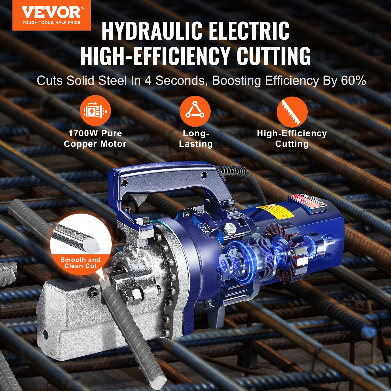 VEVOR Electric Hydraulic Rebar Cutter, 1700W Portable Rebar Cutter ...