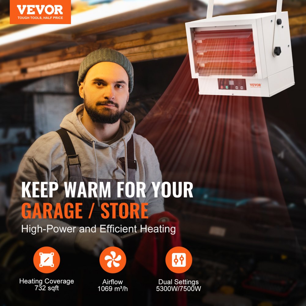 VEVOR Electric Garage Heater, 7500-Watt Digital Fan-Forced Wall/Ceiling