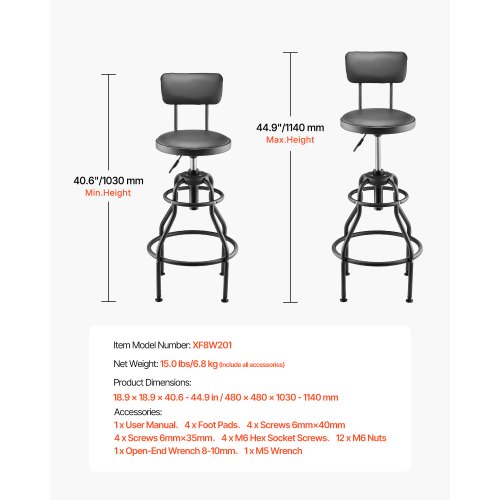 VEVOR Shop Stool with Backrest, Pneumatic Garage Seat/Work Stool