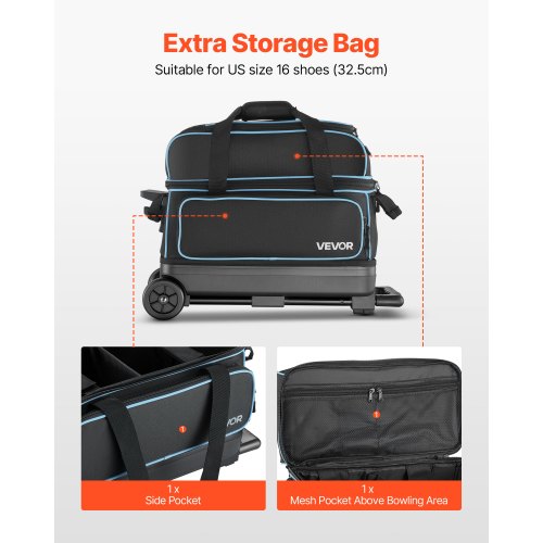 VEVOR 2 Ball Bowling Bag with Wheels – 41.32in Handle, 5mm PE