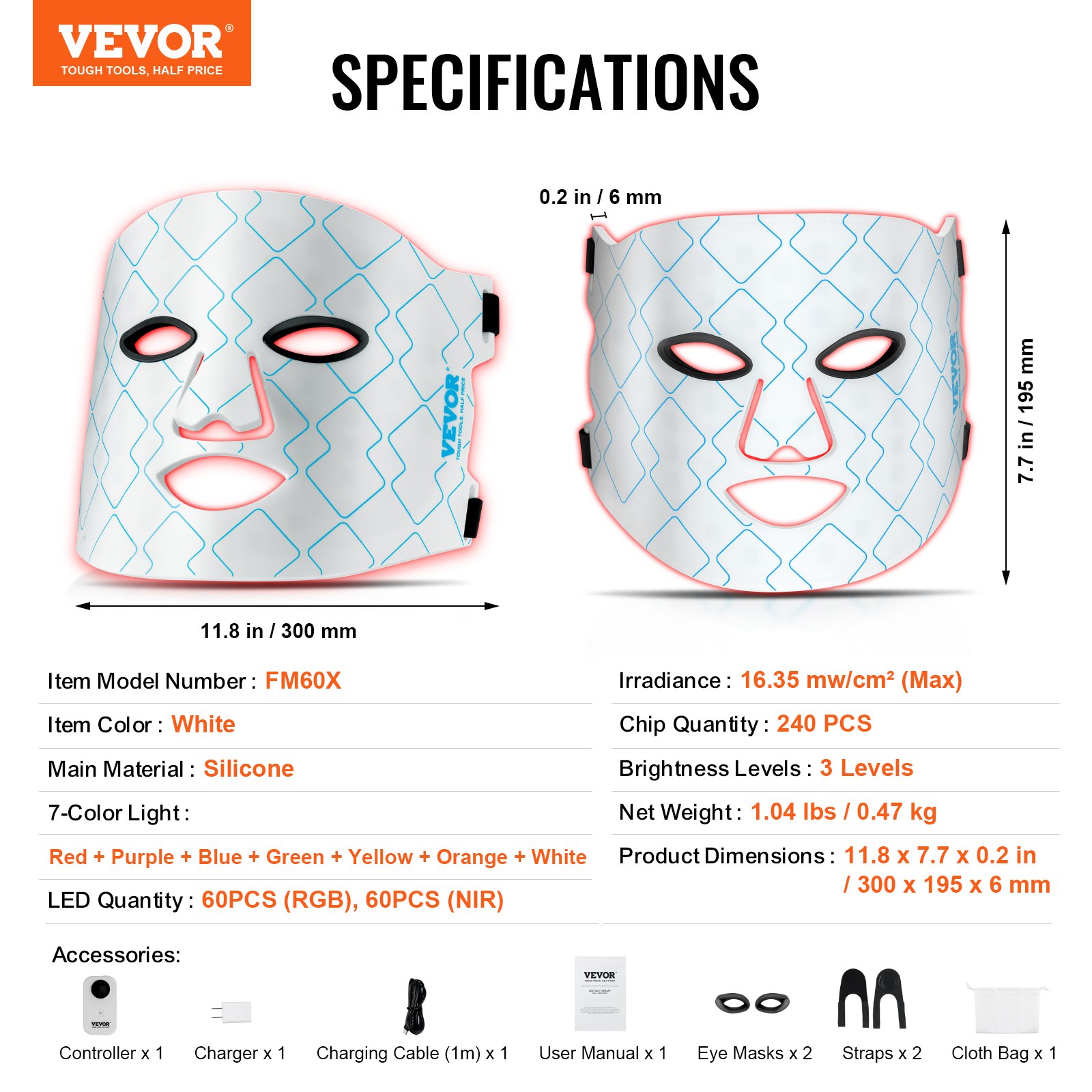 Mask 240 VEVOR 7 Color LED Light Therapy Mask – 850nm, 240 Chips