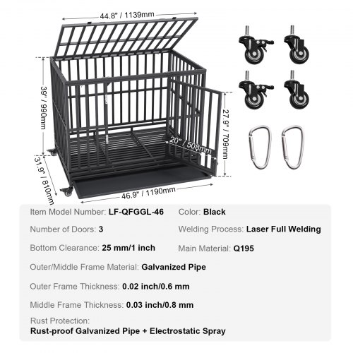 VEVOR 47 inch Heavy Duty Dog Crate Indestructible Dog Crate 3 Door Heavy Duty Dog Kennel for Medium to Large Dogs with Lockable Wheels and Removable