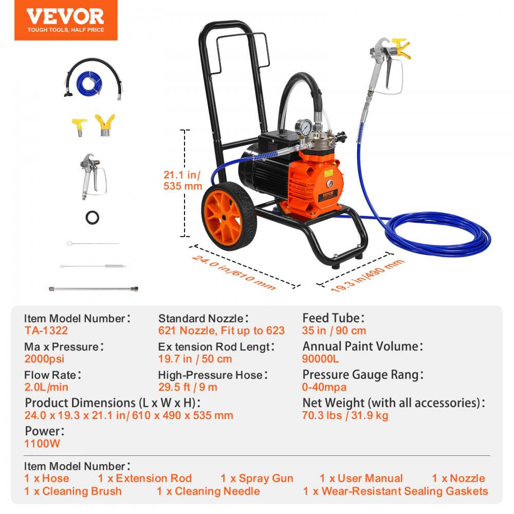 VEVOR Cart Airless Paint Sprayer Diaphragm Paint Airless Sprayer 1700W Electric