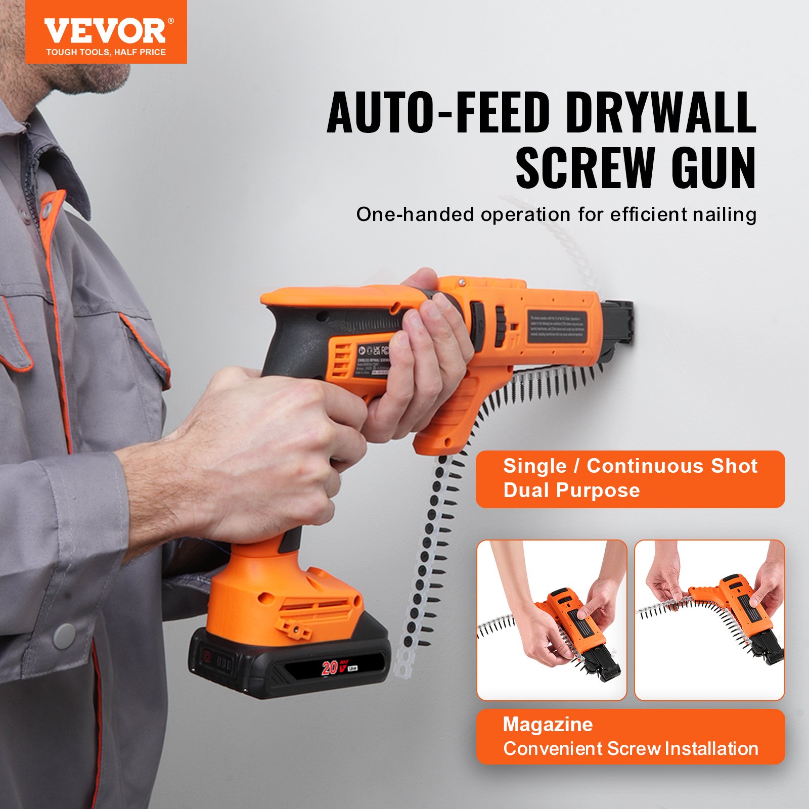 VEVOR Drywall Screw Gun Auto-Feed, 20V Max Collated Drywall Screwgun ...