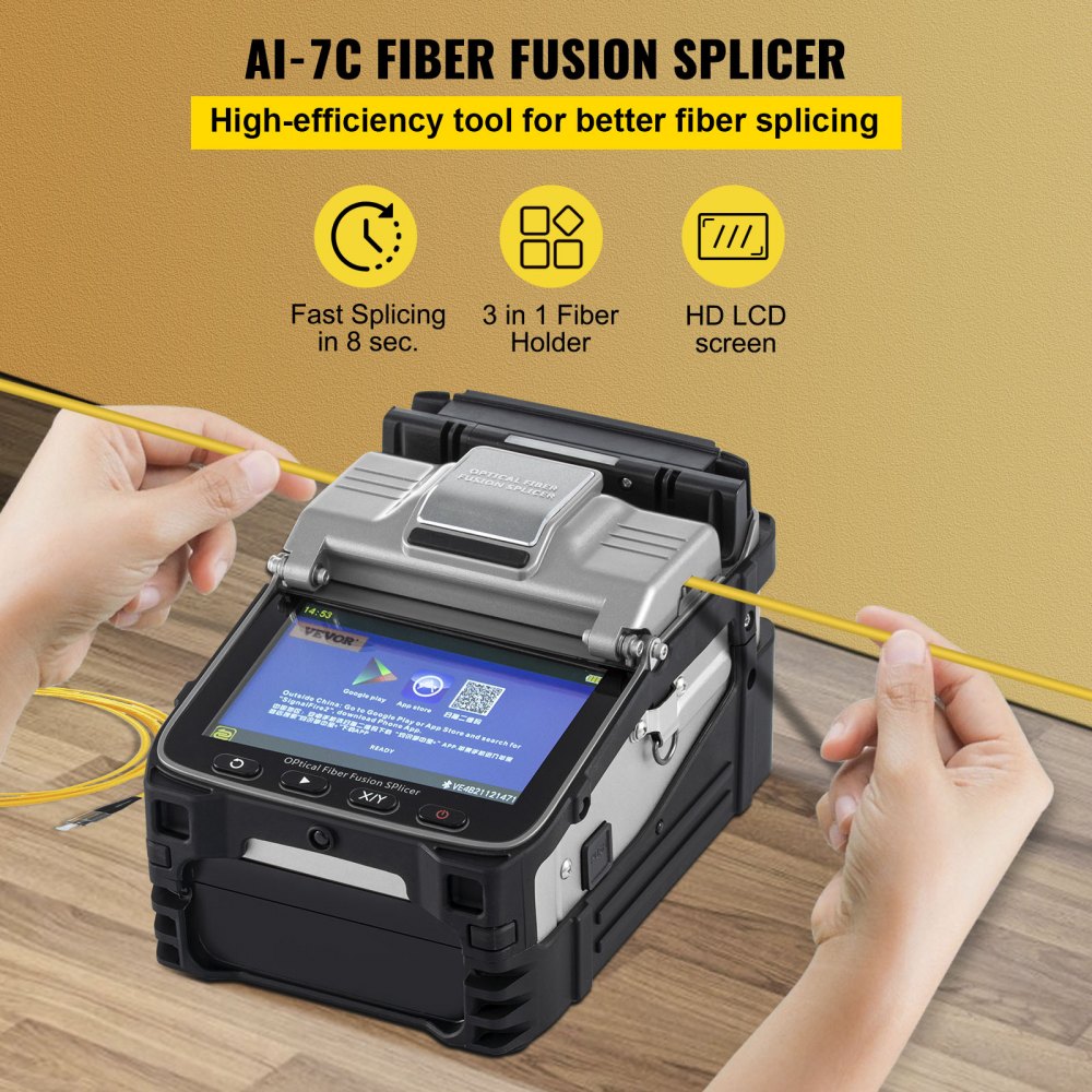 VEVOR AI-7 Fiber Fusion Splicer with 8 Seconds Splicing Time Melting 18  Seconds Heating Fusion Splicer Machine Optical Fiber Cleaver Kit for  Optical