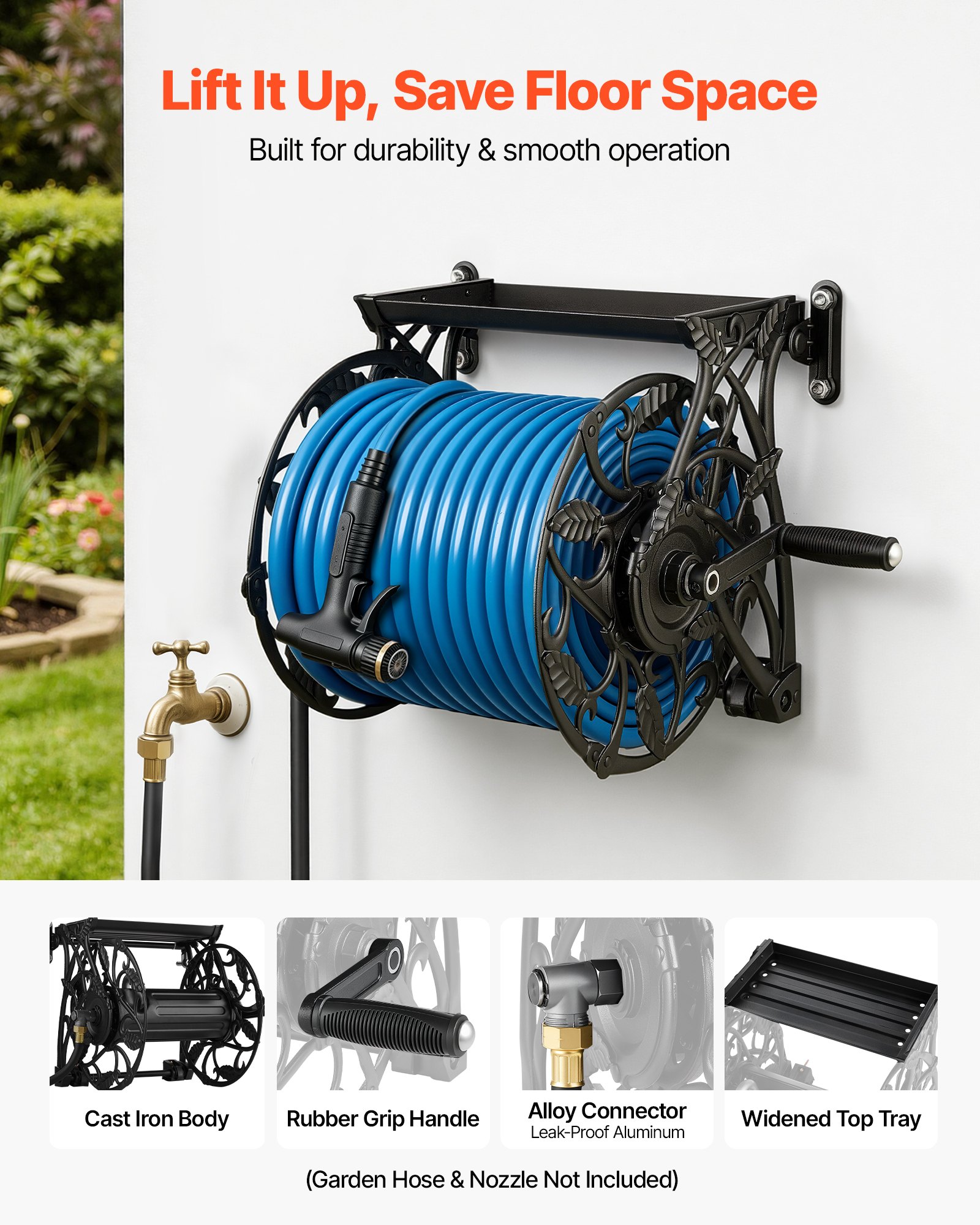 VEVOR Wall Mounted Garden Hose Reel, Holds 135 Feet of 5/8-inch Hose ...