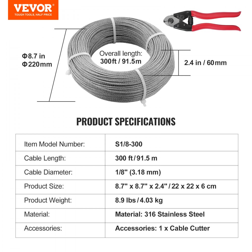 T316 Deck Railing Cable, 1/8" Stainless Steel Wire Rope 300 Ft With Cutter Kit 7x7 Strands Construction Marine Aircraft Grade For Handrail Stair Decking Fence Outdoors P 010920172870