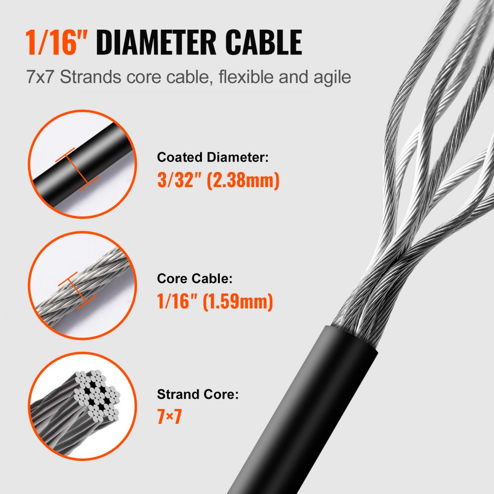 Plug String Diam VEVOR Vinyl Coated Wire Rope Kit, 3/32 Cable Through 1/16 Diameter ...