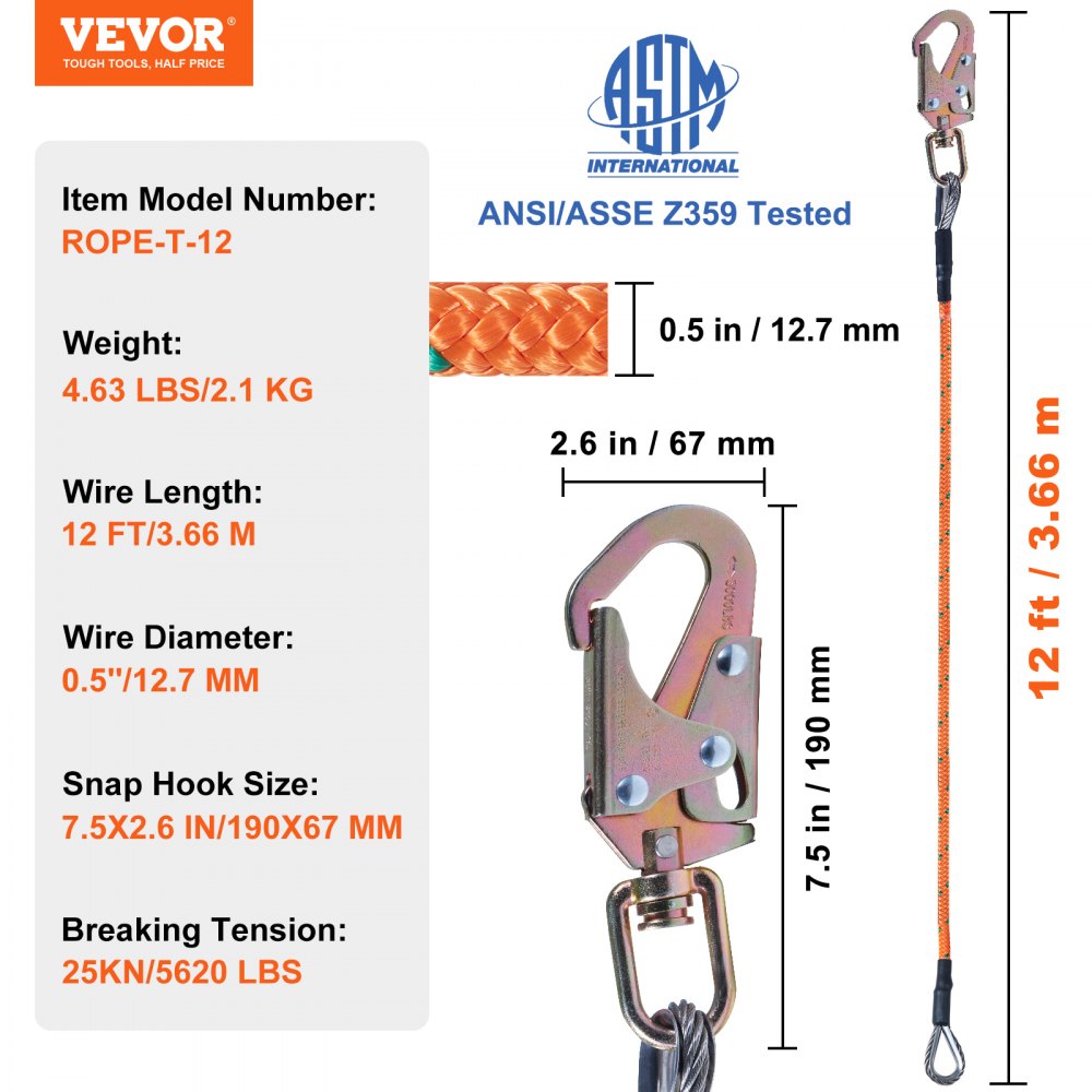 VEVOR Steel Core flipline, 1/2" x 12' Arborist Flipline, Flip Line for