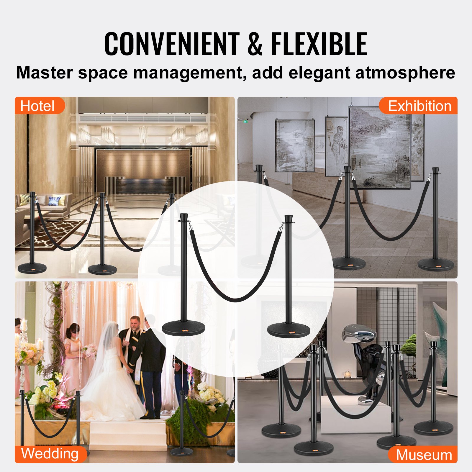 Crowd Control Base Post VEVOR Stanchion Post with Velvet Rope, 6-Pack Crowd Control Stanchion ...