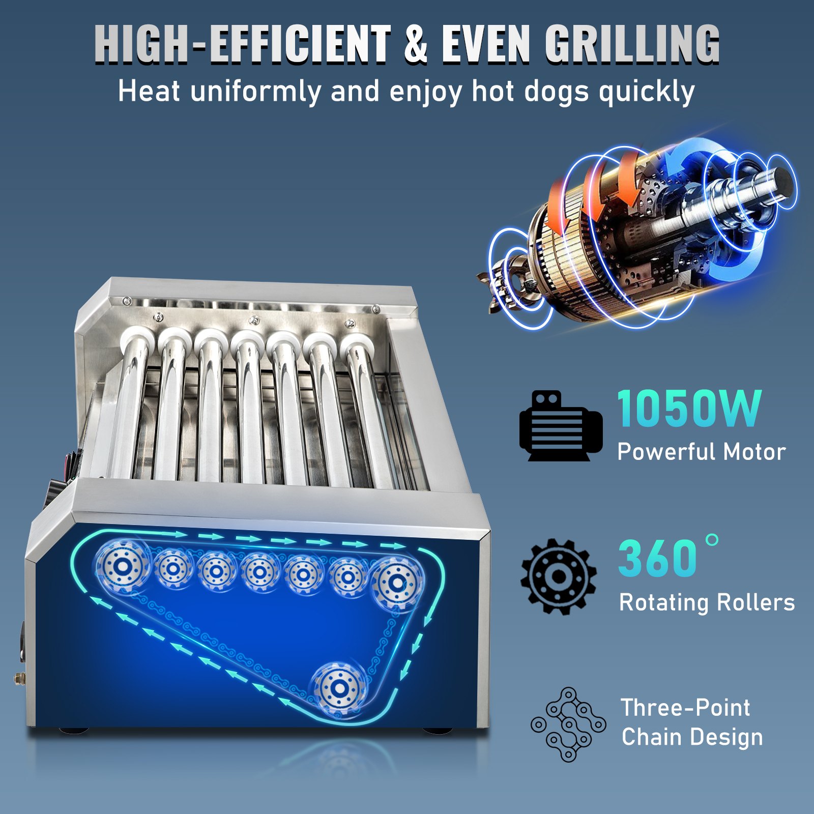 VEVOR Hot Dog Roller, 18 Hot Dog Capacity 7 Rollers, 1050W Stainless