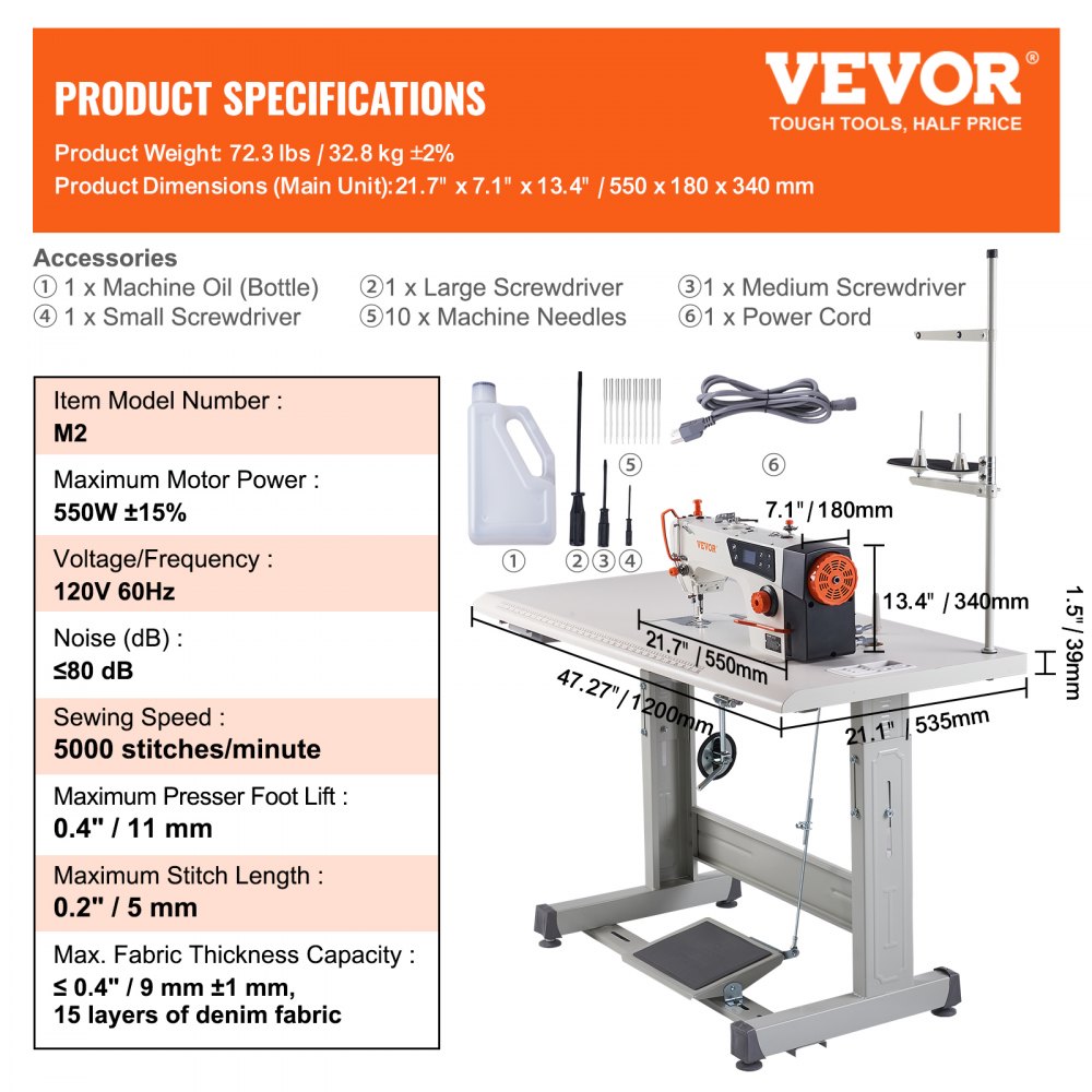 VEVOR Industrial Sewing Machine, 5000s.p.m Heavyduty Lockstitch Sewing