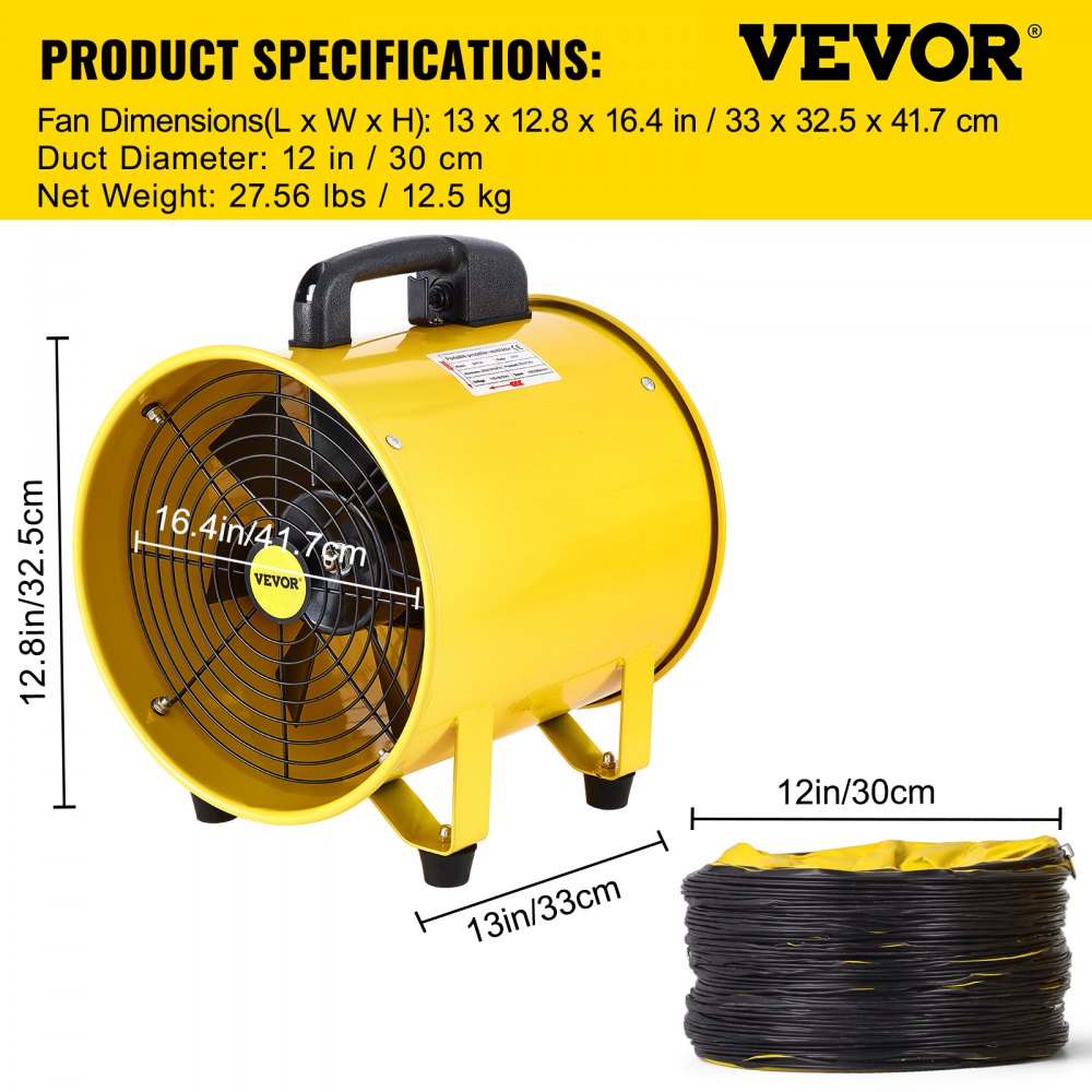 VEVOR Utility Blower Fan, 12 Inches, 550W 1471 & 2295 CFM High Velocity ...