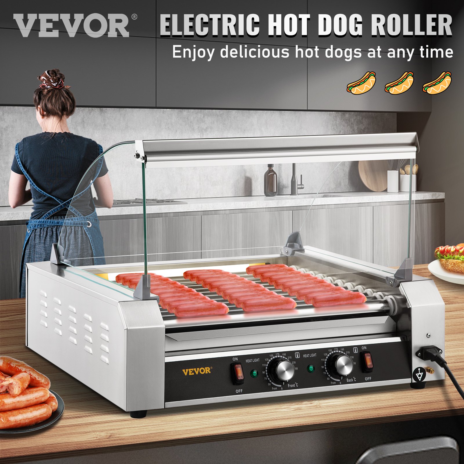 Electric Hot Dog Maker Commercial Hot Dog Roller Machine - 11 Rollers 30 Hot Dog Capacity With Glass Hood & Dual Temp Control Hotdog Roller